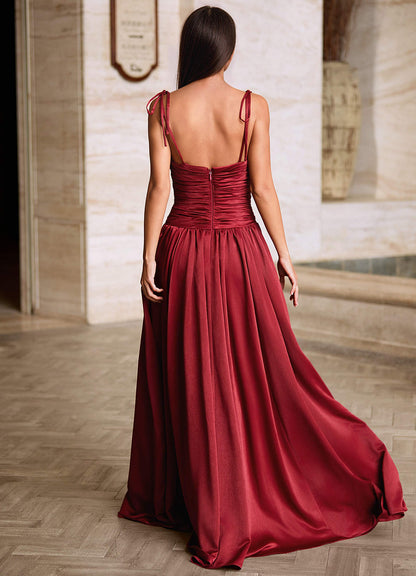 Luxa Burgundy Square Neckline Pleated Prom Dress