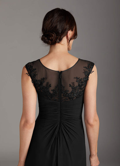 Black A-Line Scoop Lace Chiffon Dress
