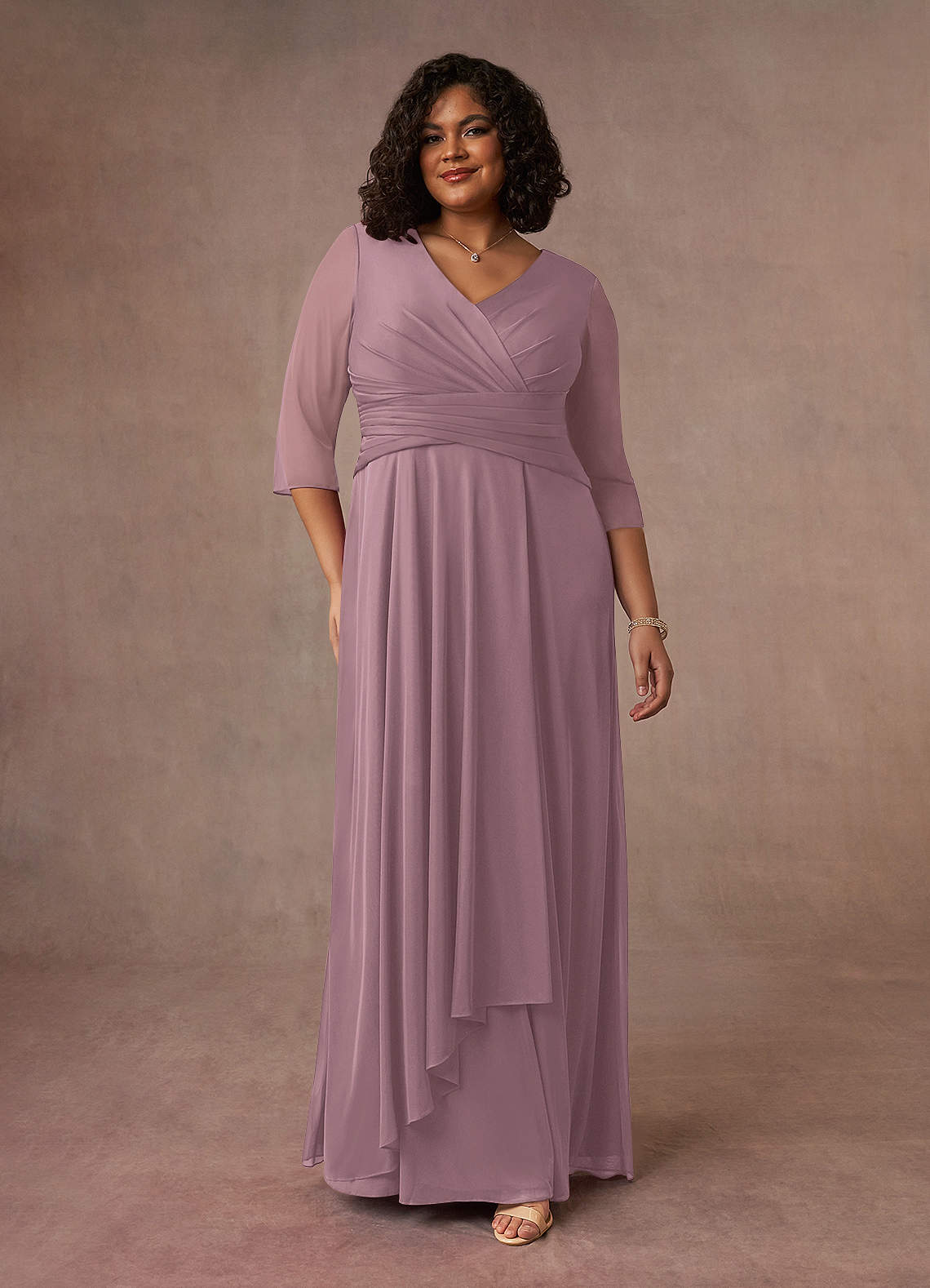 Dusty Rose A-Line V-Neck Pleated Mesh Dress