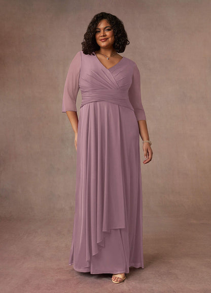 Dusty Rose A-Line V-Neck Pleated Mesh Dress