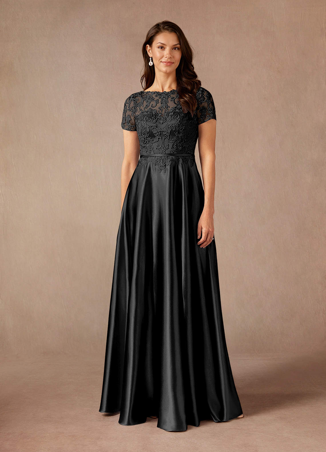 Black A-Line Lace Metallic Satin Dress