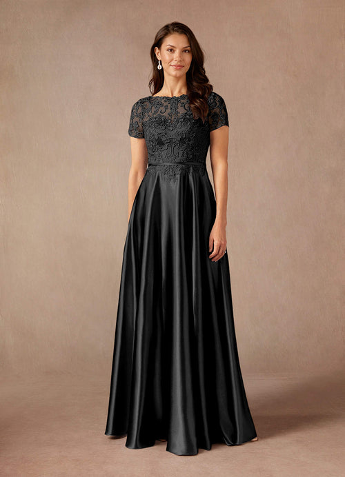 Black A-Line Lace Metallic Satin Dress