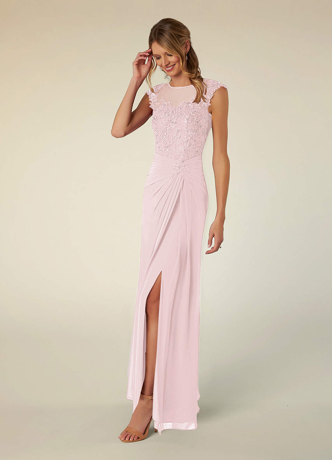 Blushing Pink A-Line Scoop Sequins Chiffon Dress