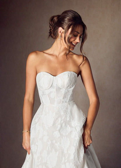 Diamond White Ball-Gown Strapless Floral Burnout Jacquard Dress