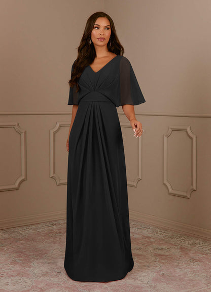 Black A-Line V-Neck Pleated Chiffon Dress