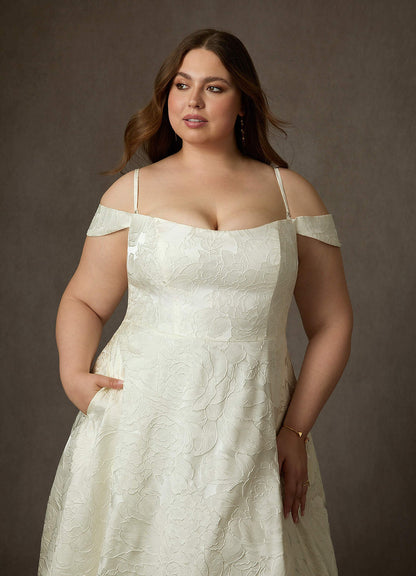 Antique White Ball-Gown Strapless Floral Jacquard Dress
