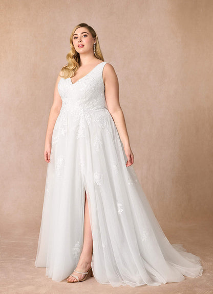Diamond White A-Line V-Neck Sequins Tulle Dress
