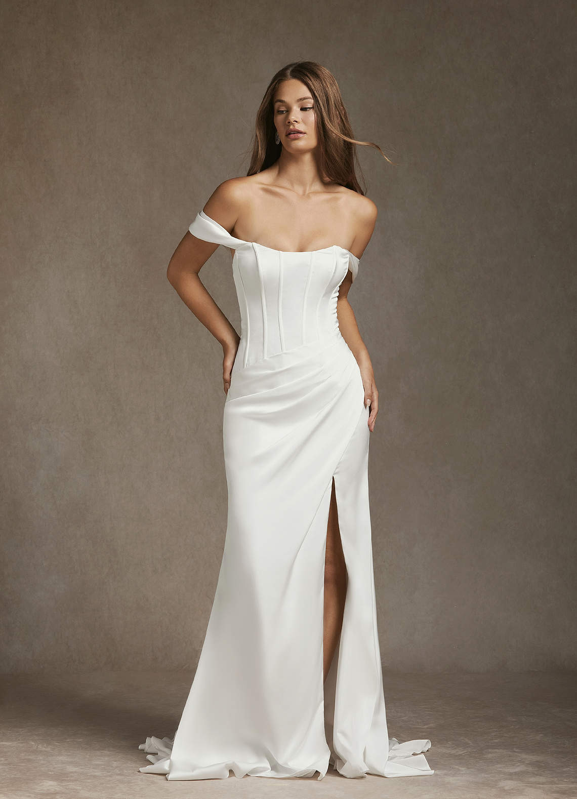 Diamond White Mermaid Off the Shoulder Stretch Satin Dress