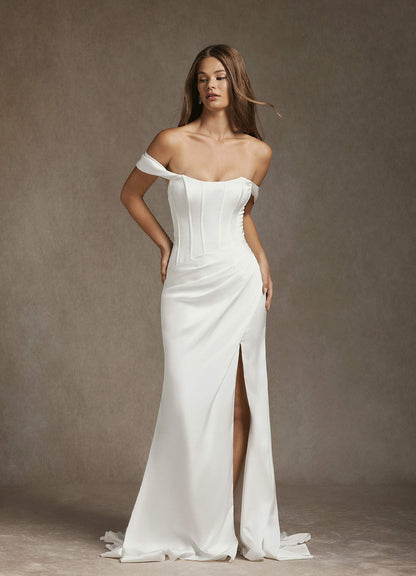 Diamond White Mermaid Off the Shoulder Stretch Satin Dress