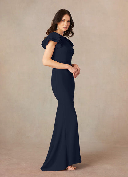 Dark Navy Mermaid Scoop Ruched Stretch Crepe Dress