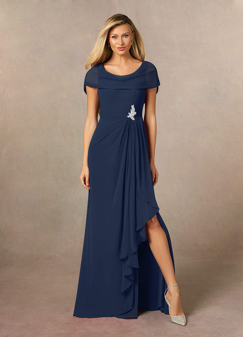 Dark Navy A-Line Side Slit Chiffon Dress