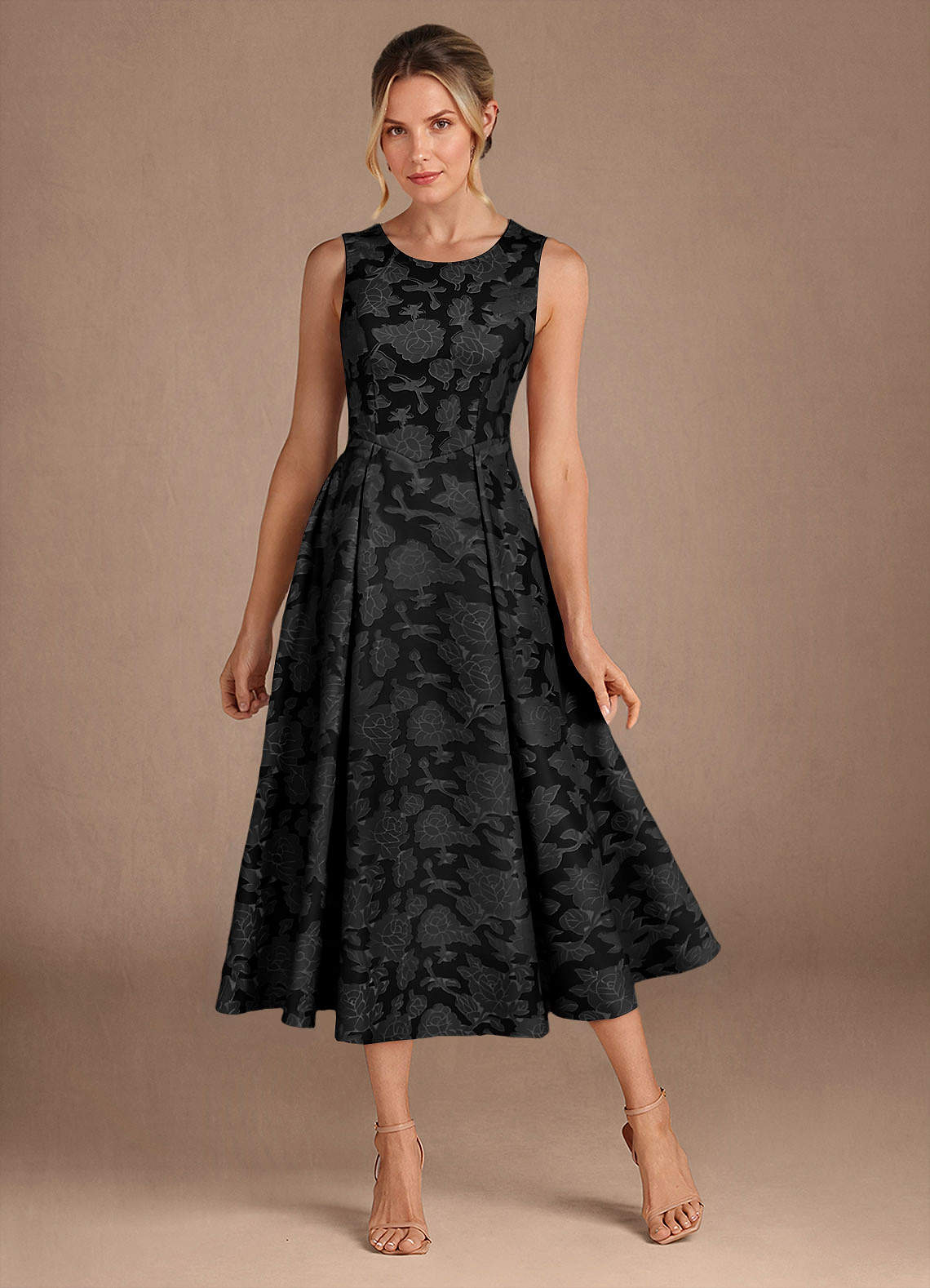 Black A-Line Pleated Floral Burnout Dress