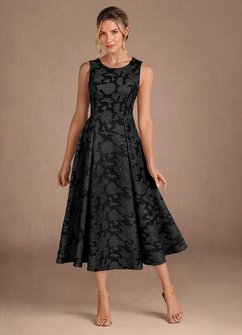 Black A-Line Pleated Floral Burnout Dress