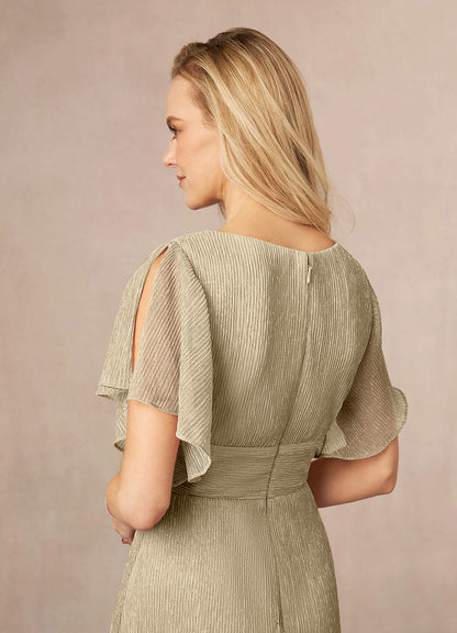 Champagne Gold A-Line V-Neck Flutter Sleeve Metallic Mesh Dress