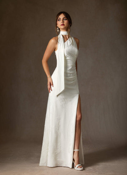 Diamond White Sheath One Shoulder Floral Jacquard Dress