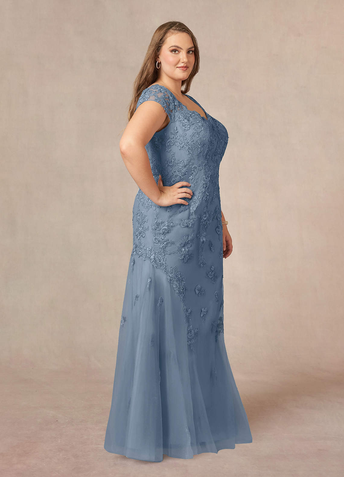 Dusty Blue Mermaid Queen Anne Sequins Lace Dress