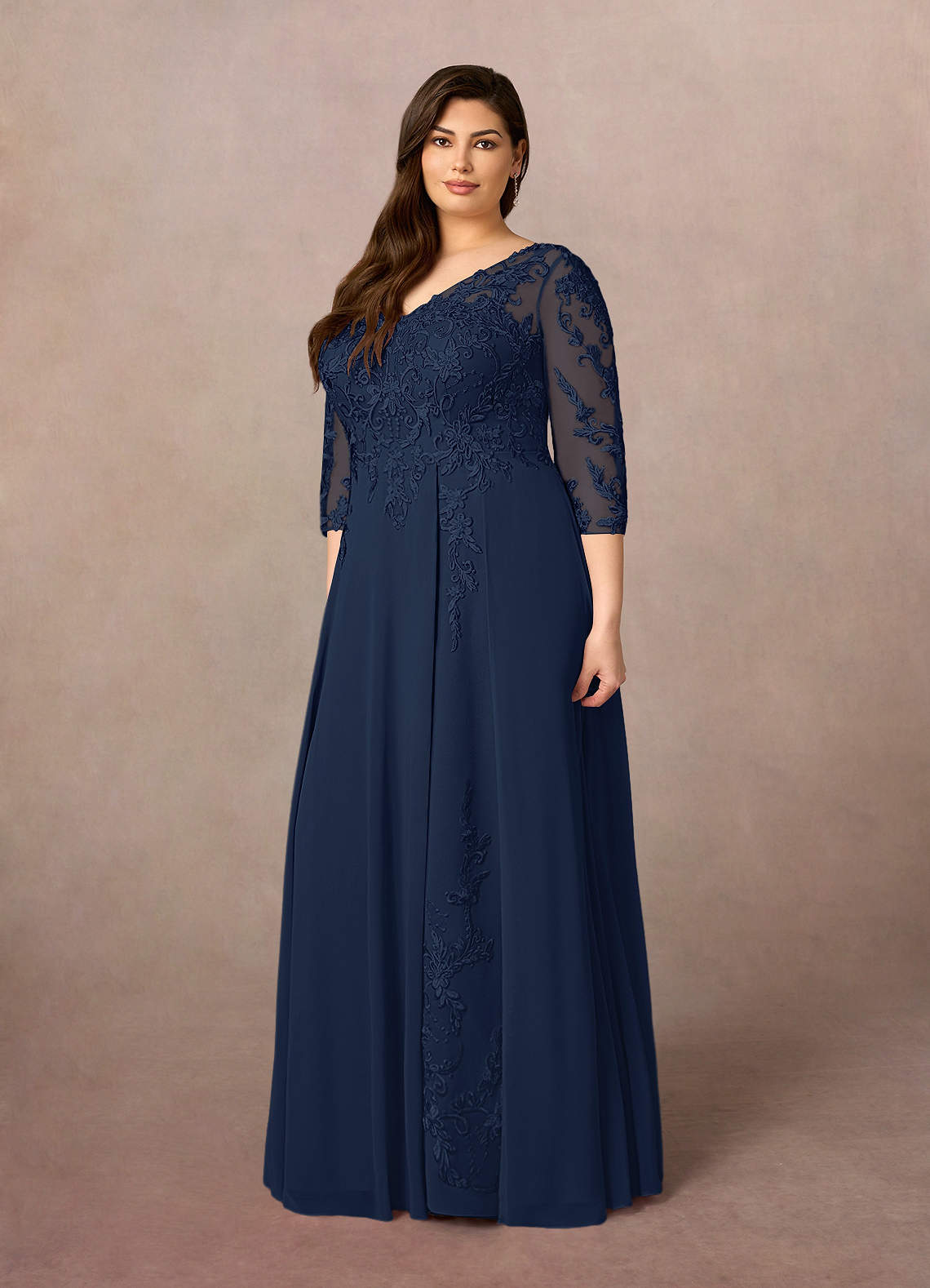 Dark Navy A-Line V-Neck Lace Chiffon Dress