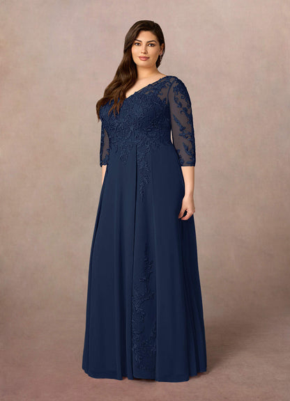 Dark Navy A-Line V-Neck Lace Chiffon Dress
