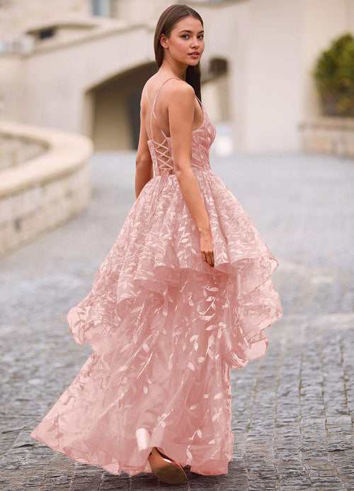 Valentina Pink Embroidered Jacquard Sheer Prom Dress  Dress
