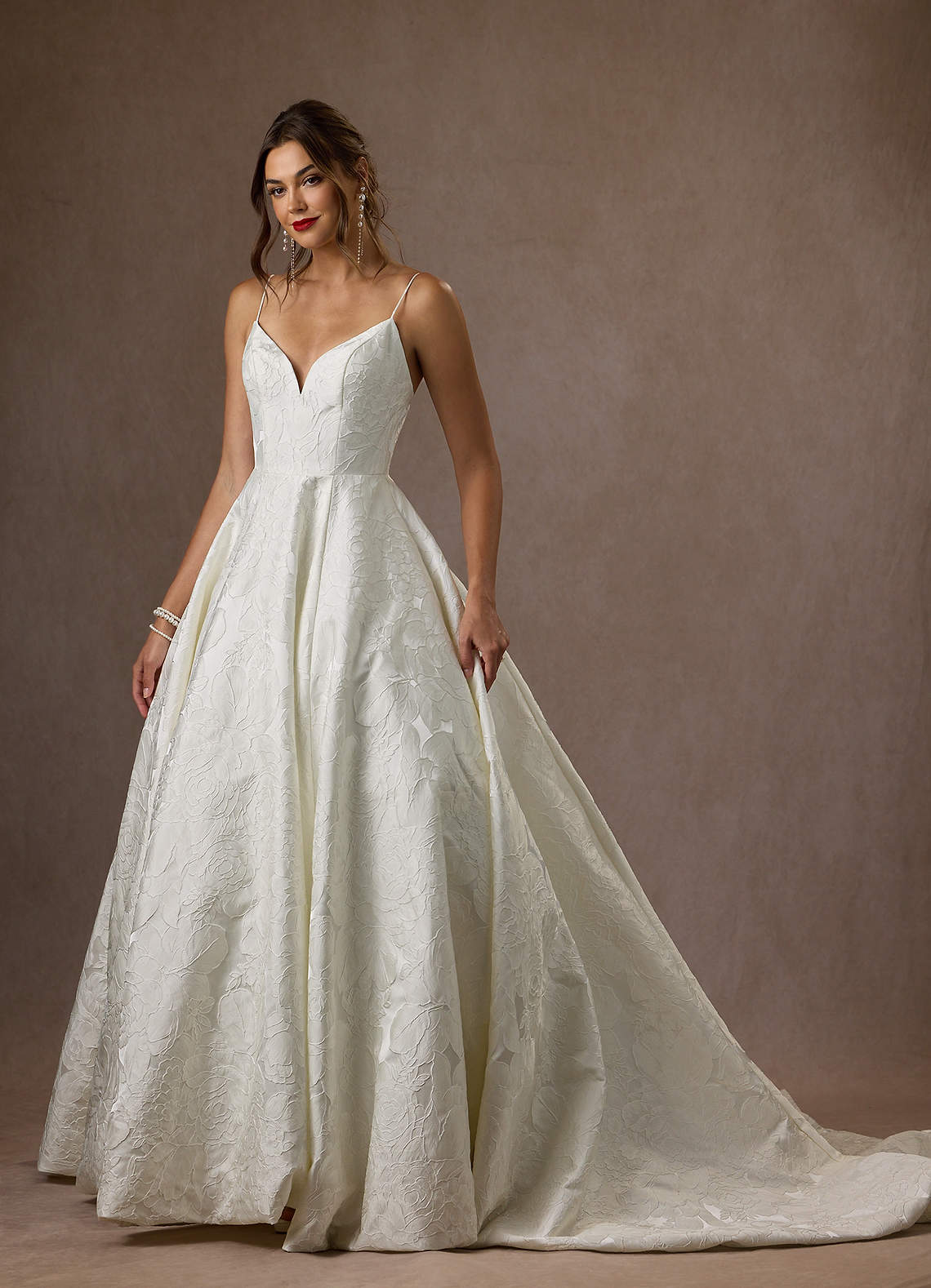 Antique White Ball-Gown with Pockets Floral Jacquard Dress