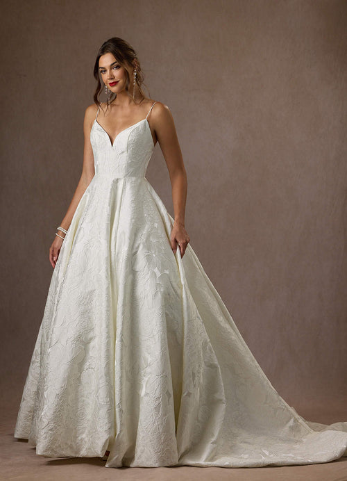 Antique White Ball-Gown with Pockets Floral Jacquard Dress