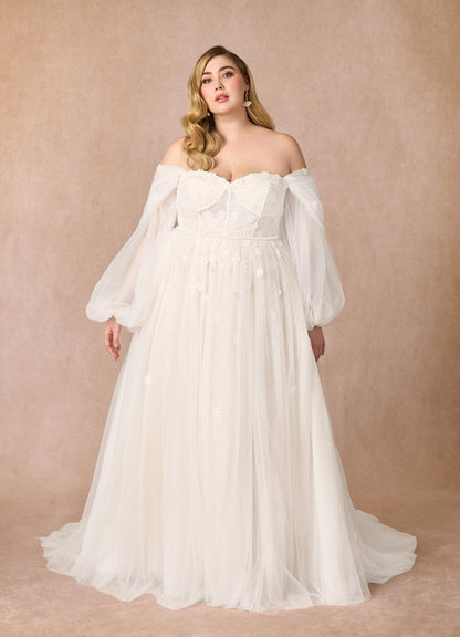 Diamond White Champagne A-Line Off the Shoulder Tulle Dress