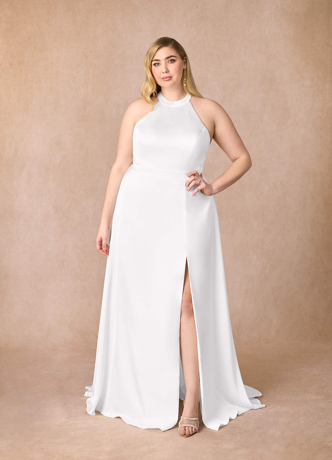 Diamond White A-Line Side Slit Stretch Satin Dress
