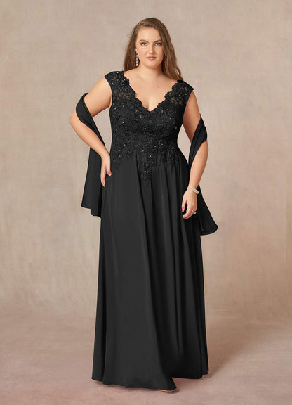 Black A-Line V-Neck Sequins Chiffon Dress