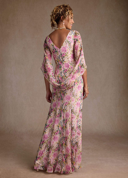 Lavender Floral Mermaid Pleated Chiffon Dress