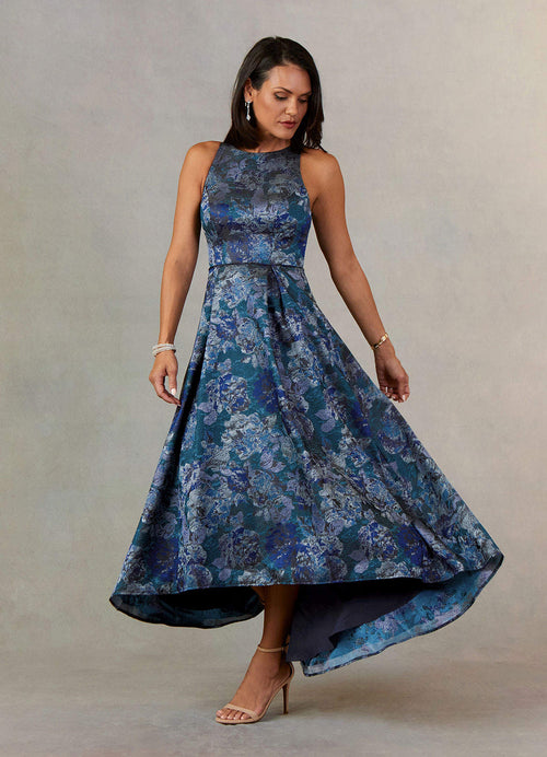 Dark Navy A-Line Pleated Jacquard Dress