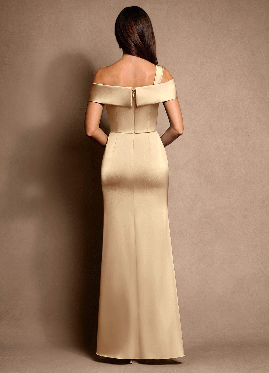 Champagne Mermaid Off the Shoulder Stretch Satin Dress