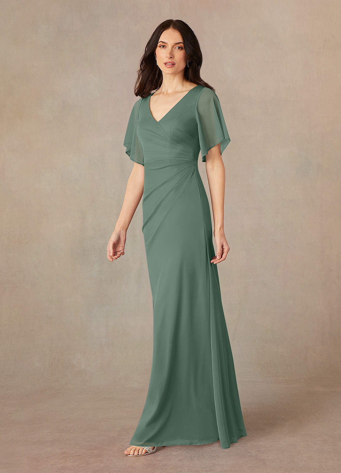 Eucalyptus A-Line V-Neck ruched Mesh Dress