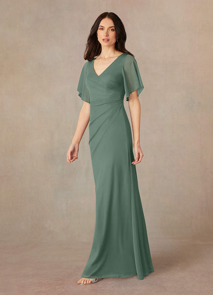 Eucalyptus A-Line V-Neck ruched Mesh Dress