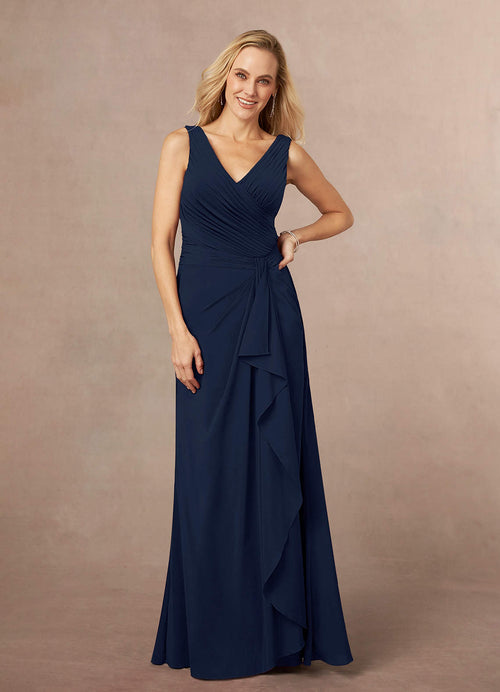 Dark Navy A-Line Pleated Stretch Chiffon Dress
