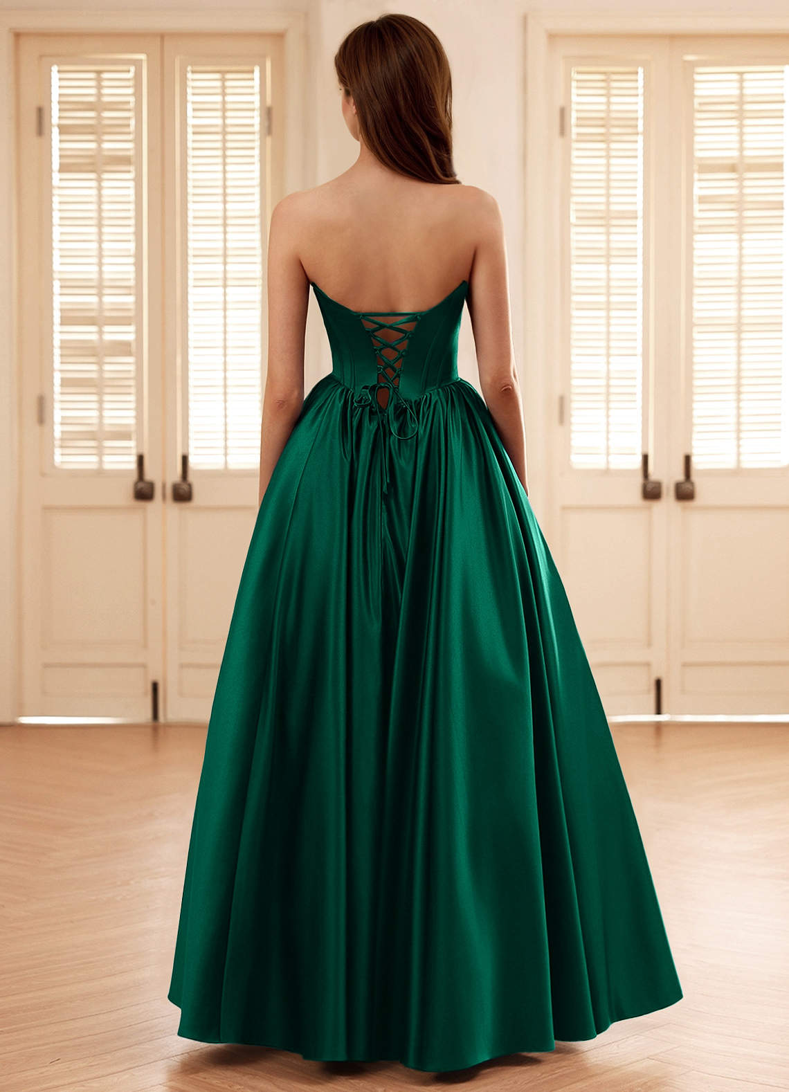 Seraphina Dark Green A-Line Boned Corset Satin Prom Dress
