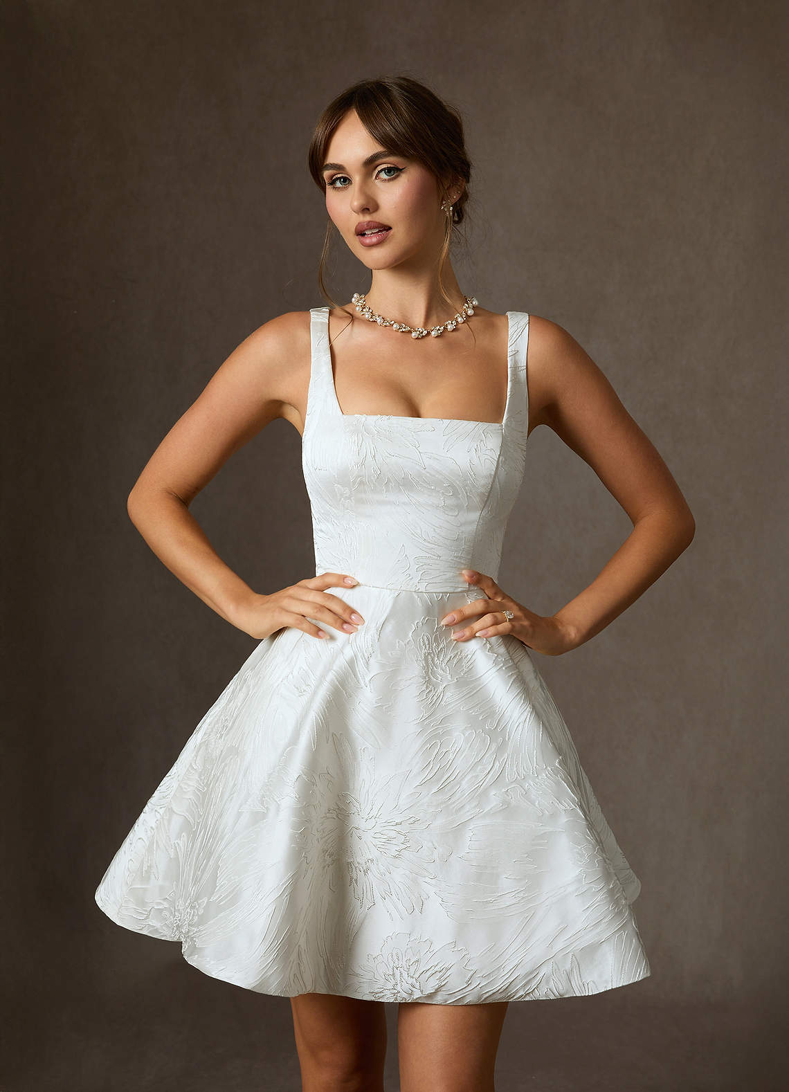 Diamond White A-Line with Pockets Floral Jacquard Dress