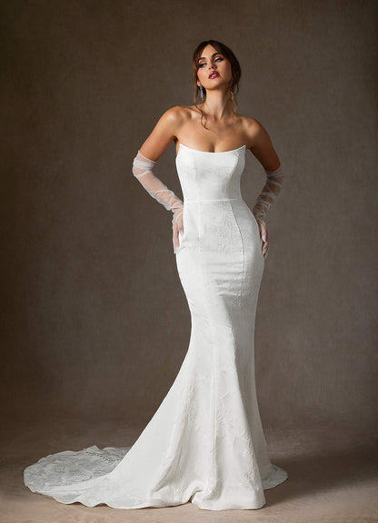 Diamond White Mermaid Strapless Floral Jacquard Dress