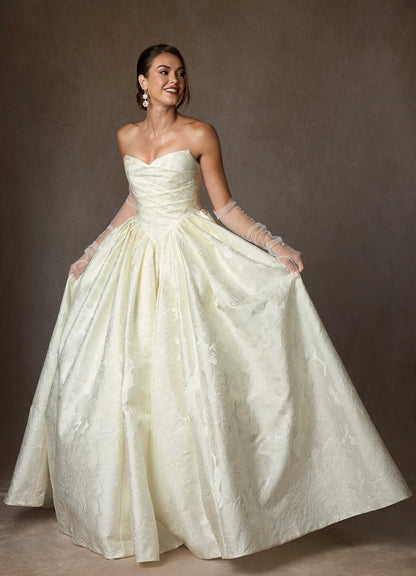 Antique White Ball-Gown Strapless Floral Jacquard Dress