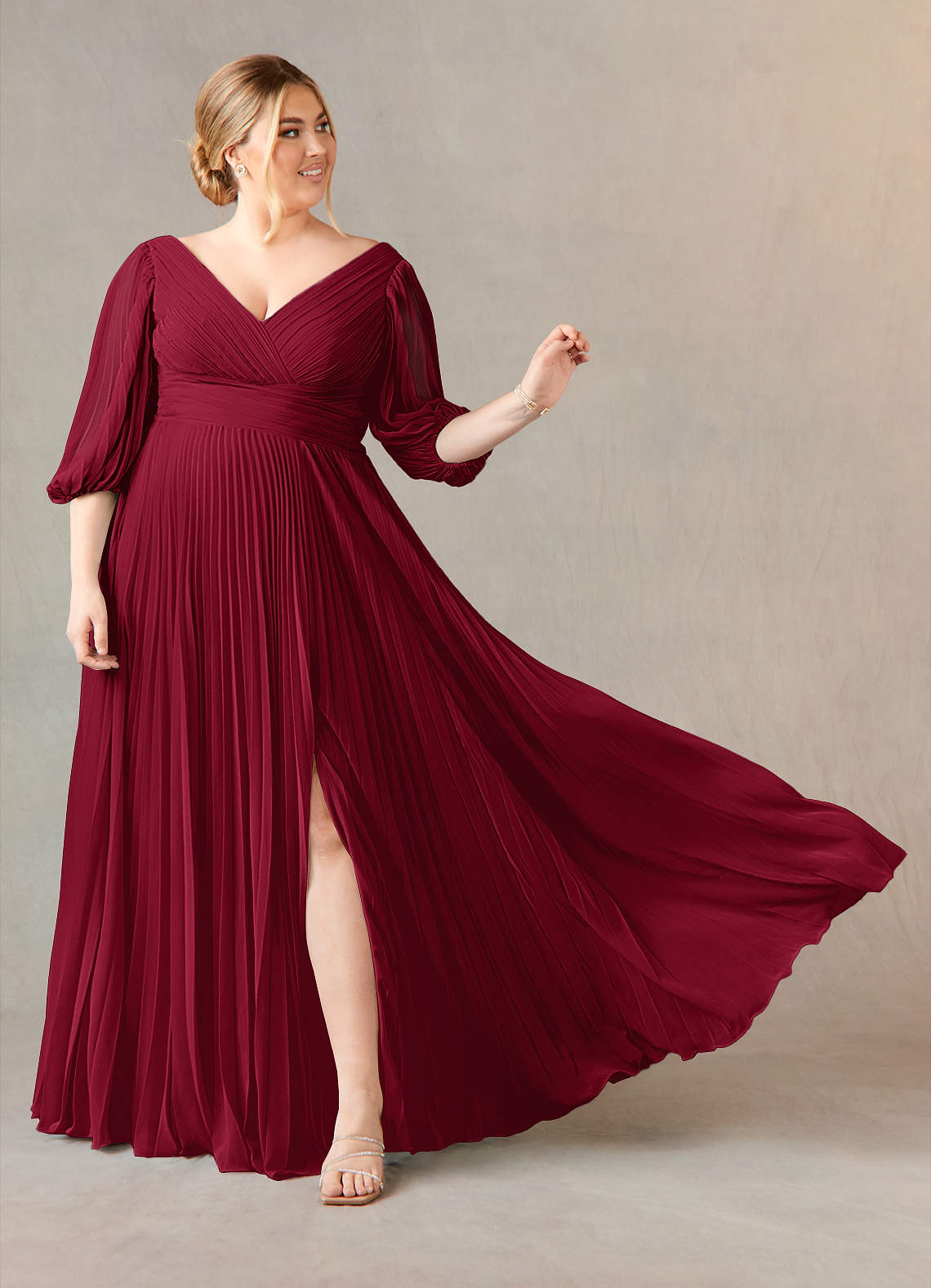 Burgundy A-Line V-Neck Pleated Chiffon Dress