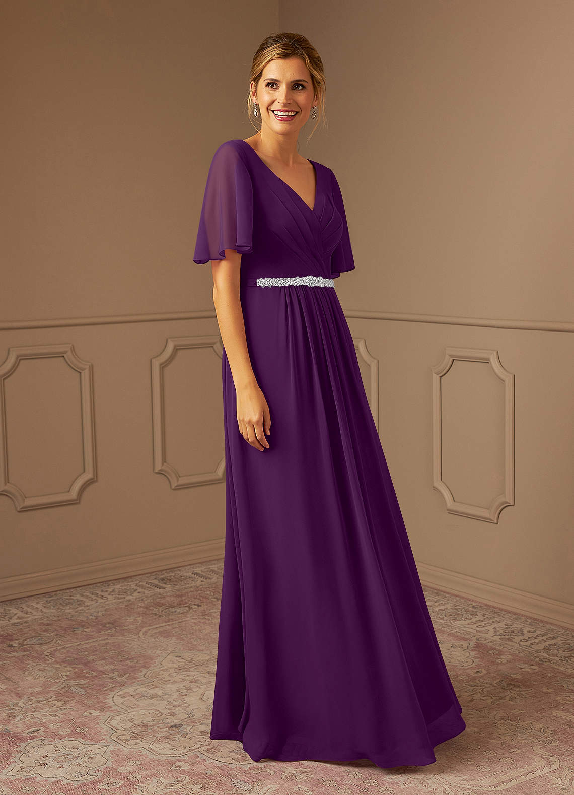 Grape A-Line V-Neck Pleated Chiffon Dress