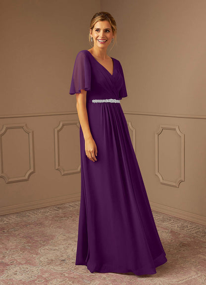 Grape A-Line V-Neck Pleated Chiffon Dress