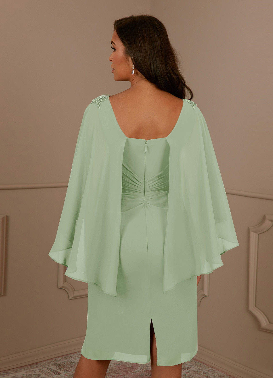 Dusty Sage Sheath Scoop Pleated Chiffon Dress