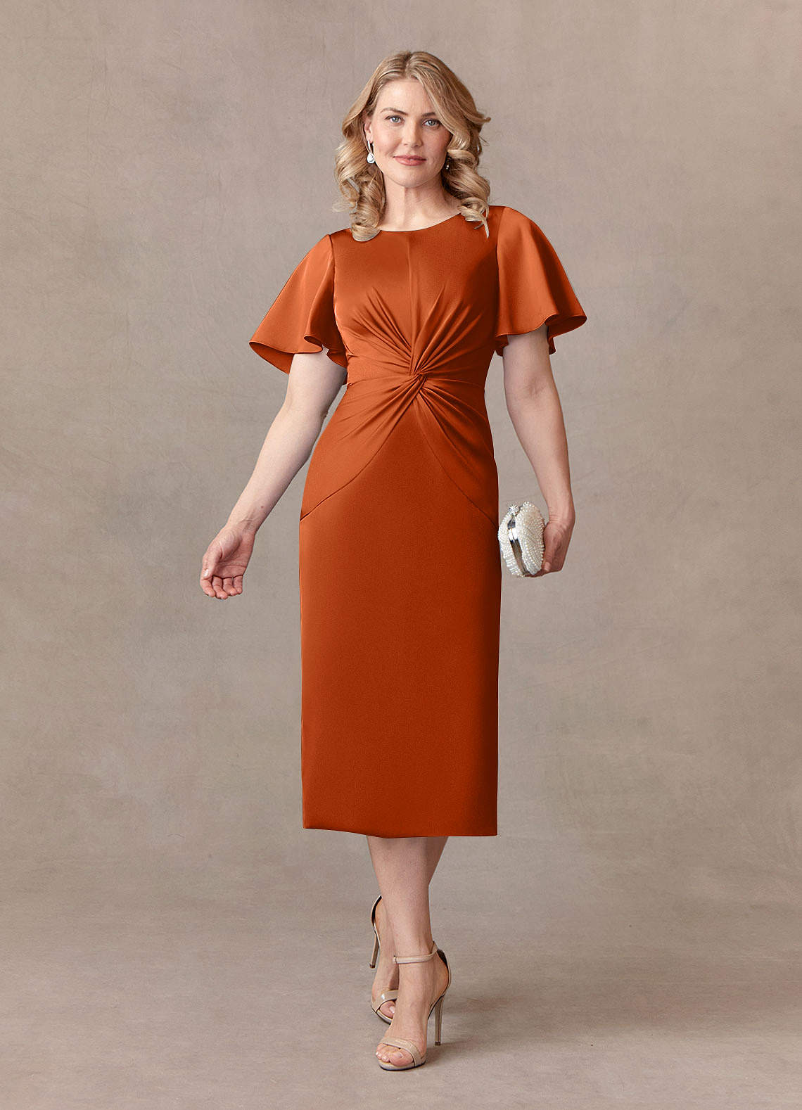Burnt Orange Sheath Pleated Stretch Satin Dress