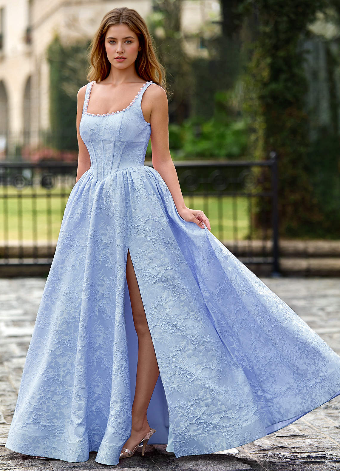 Thyme Sky Blue A-Line 3D Flowers Prom Dress