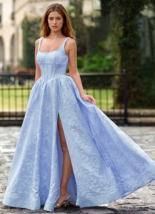 Thyme Sky Blue A-Line 3D Flowers Prom Dress