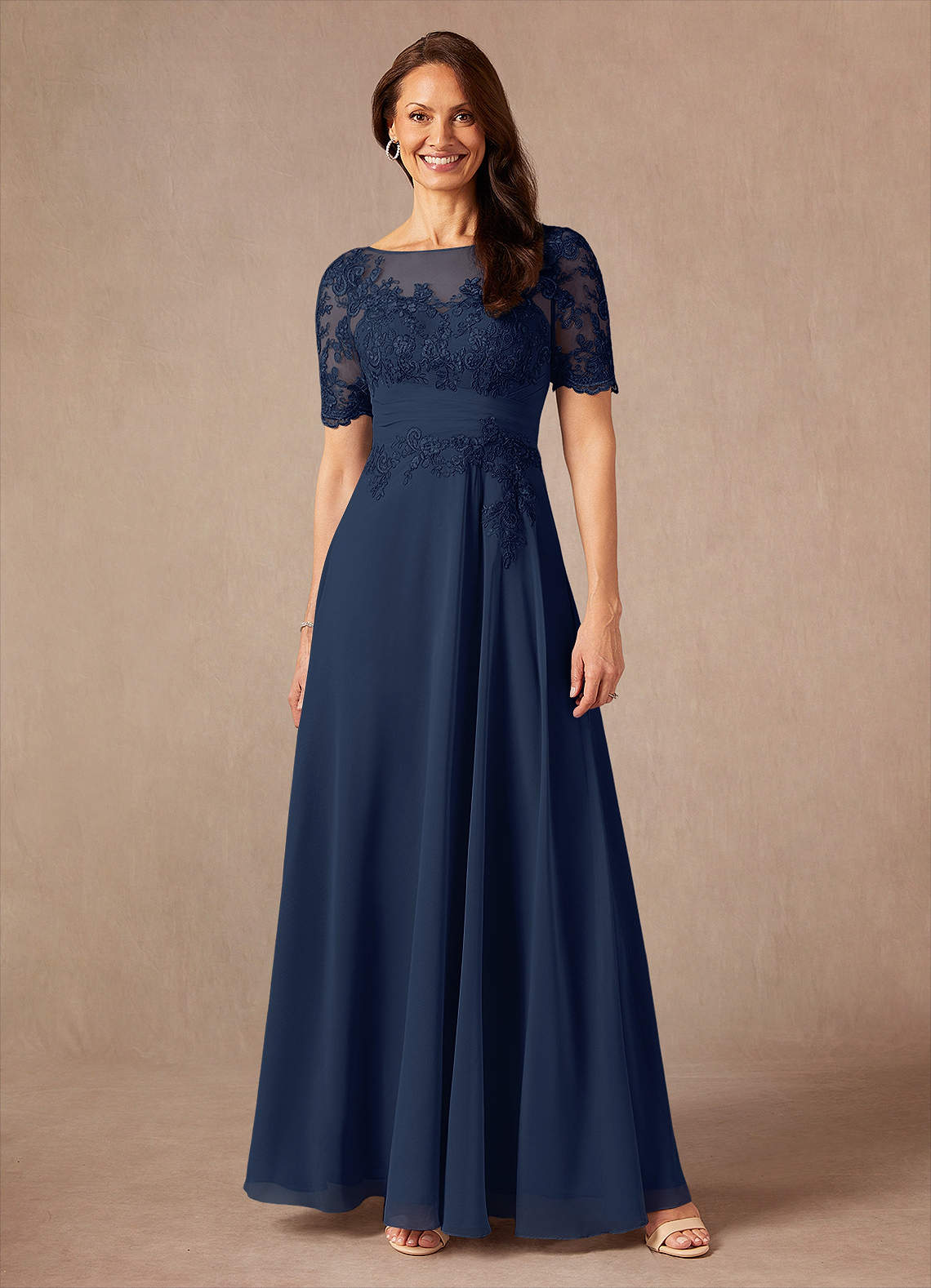 Dark Navy A-Line Lace Chiffon Dress