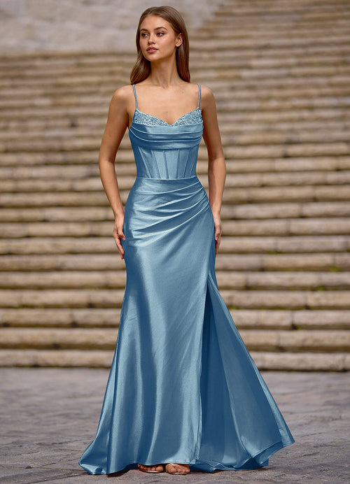 Glow Steel Blue Silk-Like Satin Prom Dress  Dress