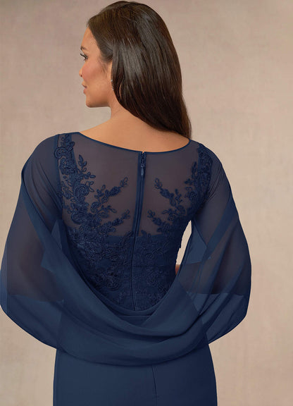 Dark Navy A-Line Lace Capelet Chiffon Dress