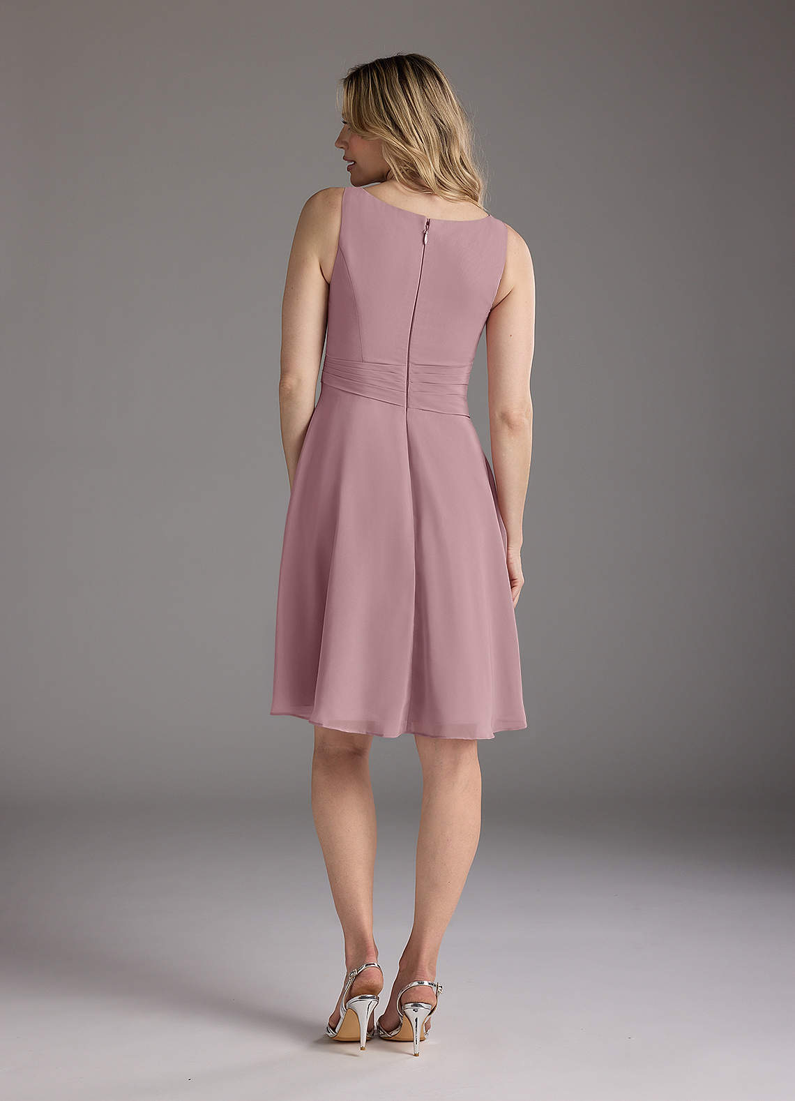 Dusty Rose A-Line Scoop Pleated Chiffon Dress