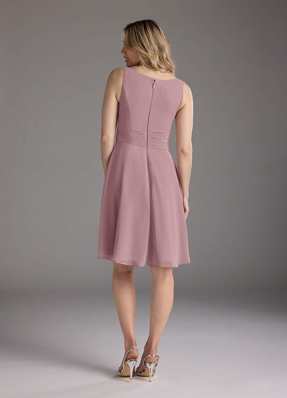 Dusty Rose A-Line Scoop Pleated Chiffon Dress